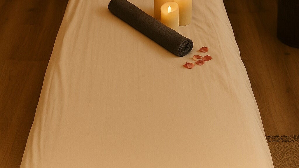 Een opgemaakte massagetafel met een opgerolde handdoek, kaarsjes en rozenblaadjes